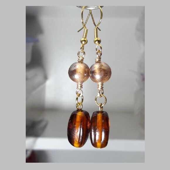 Artisan earrings 100# NEW bohemian Caramel Czech glass long drop earrings Gold - Picture 3 of 6